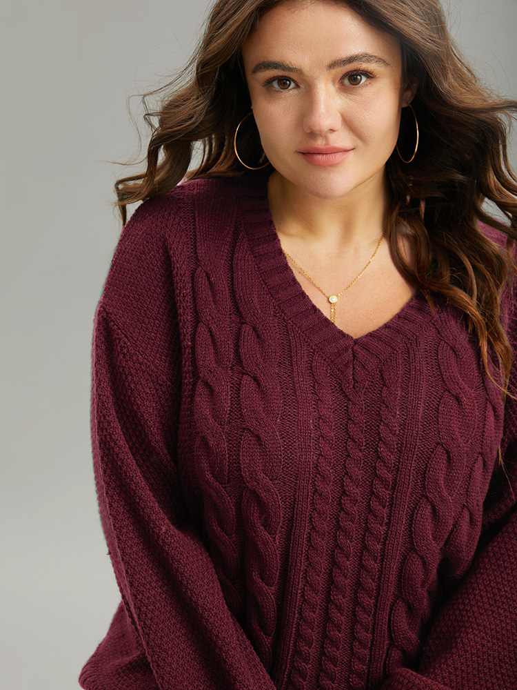 

Plus Size Solid Cable Knit V Neck Elastic Cuffs Pullover Burgundy Women Casual Loose Long Sleeve V-neck Everyday Pullovers BloomChic