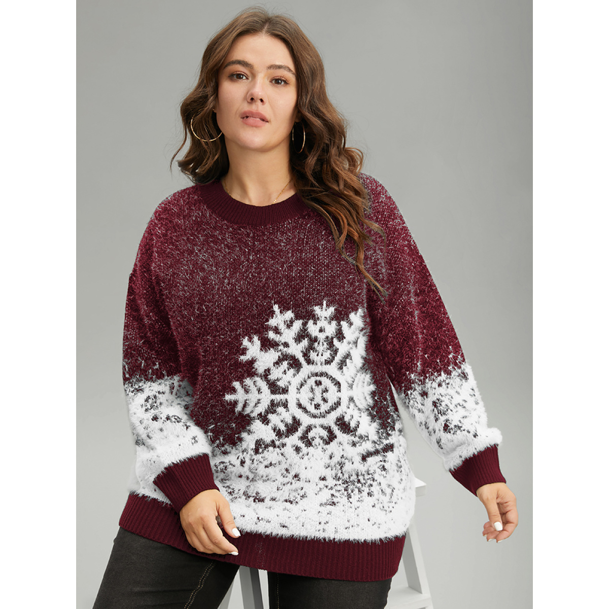 

Plus Size Fuzzy Snowflake Elastic Cuffs Pullover Burgundy Women Casual Loose Long Sleeve Round Neck Festival-Halloween Pullovers BloomChic