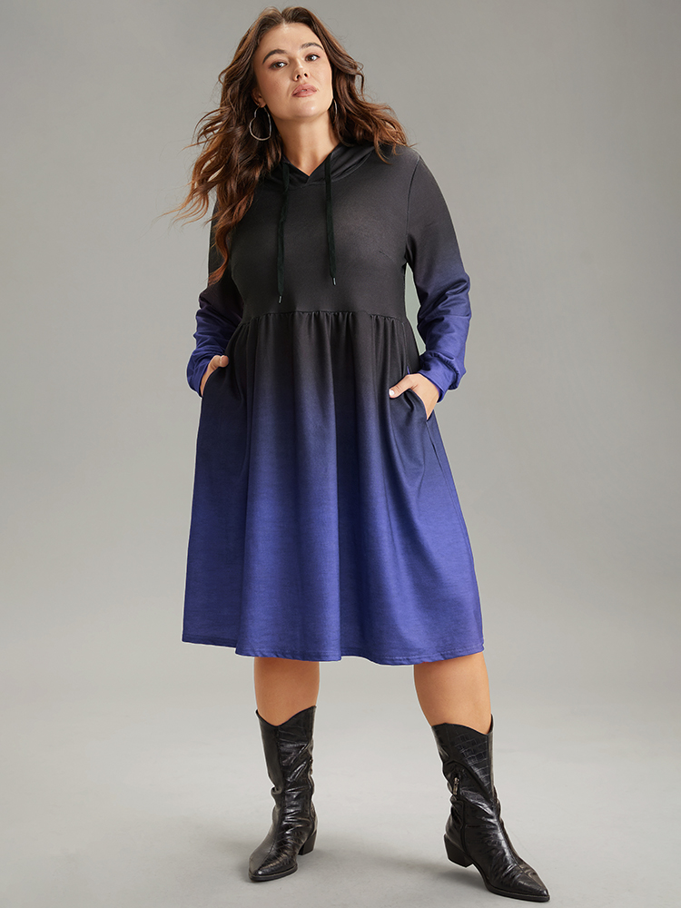 

Plus Size Ombre Elastic Waist Drawstring Hooded Dress DarkBlue Women Casual Printed Hooded Long Sleeve Curvy Midi Dress BloomChic