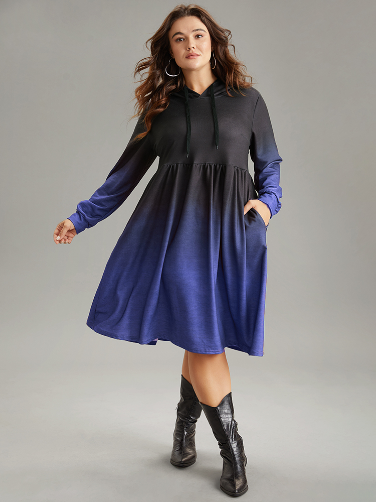 

Plus Size Ombre Elastic Waist Drawstring Hooded Dress DarkBlue Women Casual Printed Hooded Long Sleeve Curvy Midi Dress BloomChic