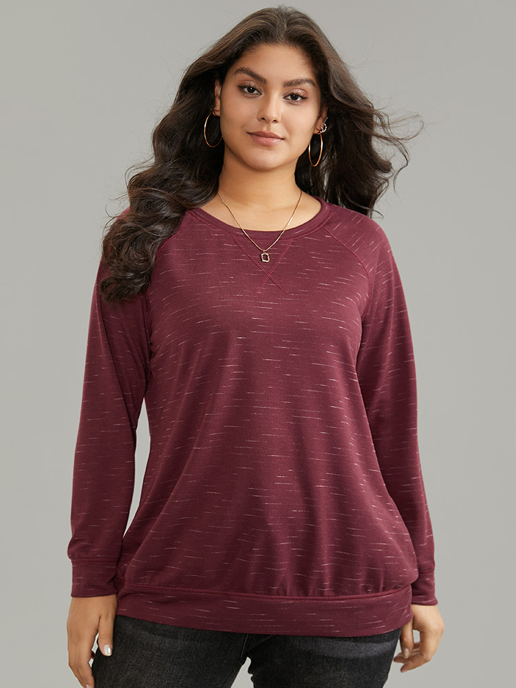 

Plus Size Plain Stitch Raglan Sleeve Round Neck Sweatshirt Women Burgundy Casual Plain Round Neck Everyday Sweatshirts BloomChic