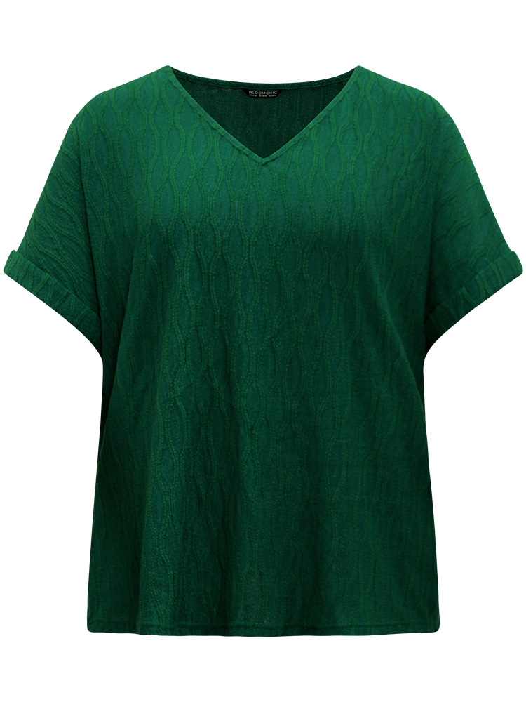 

Plus Size Plain Texture V Neck Roll Dolman Sleeve T-shirt DarkGreen Women Casual Texture Plain V-neck Dailywear T-shirts BloomChic