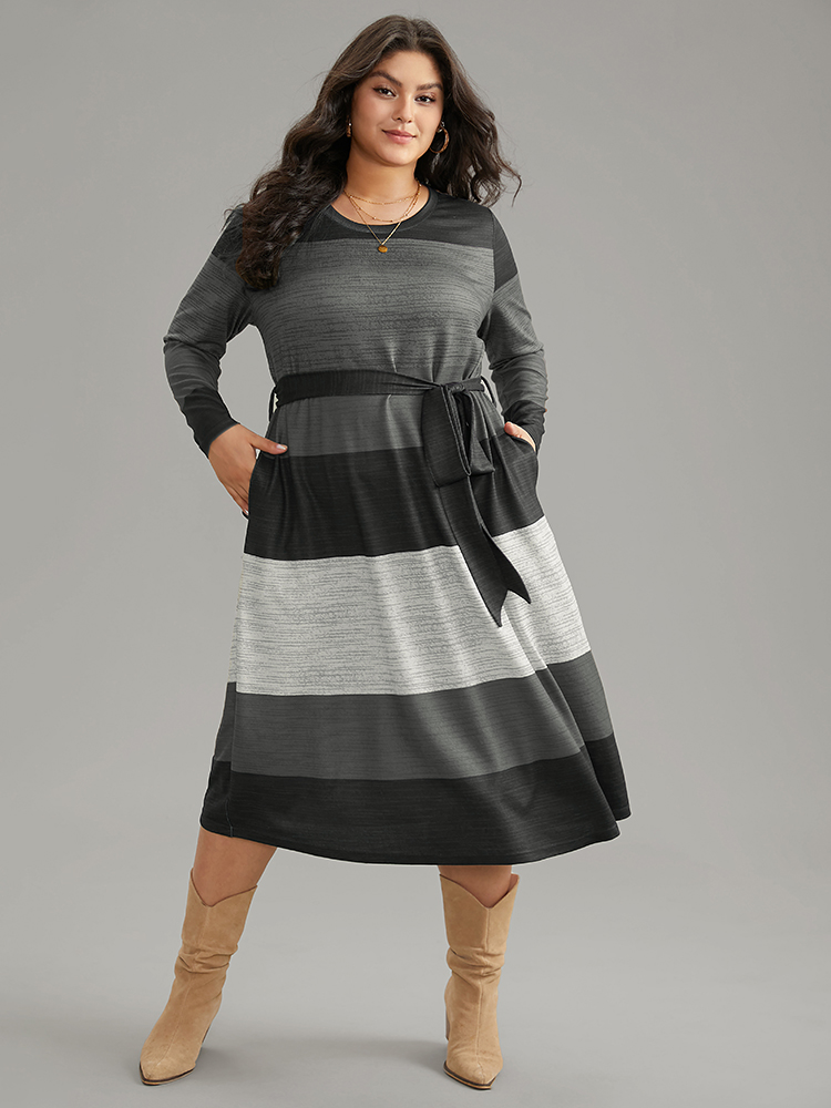 

Plus Size Colorblock Contrast Heather Belted Dress Gray Women Casual Non Round Neck Long Sleeve Curvy Midi Dress BloomChic