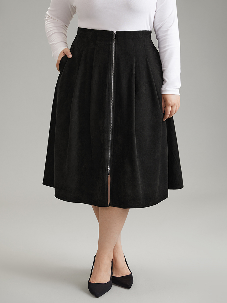 

Plus Size Suedette Plain Texture Pocket A-line Skirt Women Black Office Texture No stretch Pocket Work Skirts BloomChic