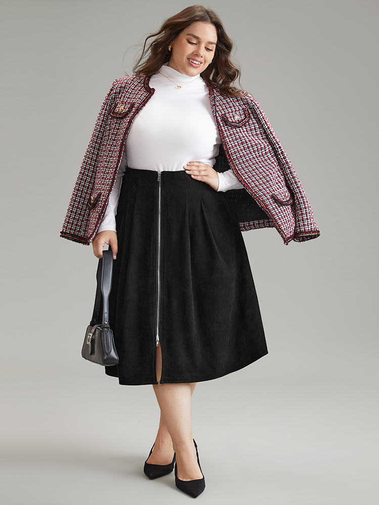 Plus Size Suedette Plain Texture Pocket A-line Skirt Women Black Office Texture No stretch Pocket Work Skirts BloomChic 10/M 
