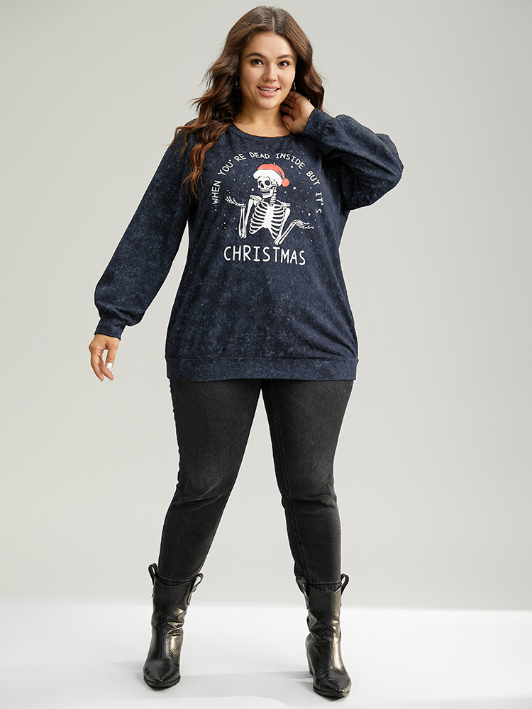 

Plus Size Christmas Vintage Skull Print Crew Neck Sweatshirt Women Blue Casual Elastic cuffs Festival-Christmas Sweatshirts BloomChic