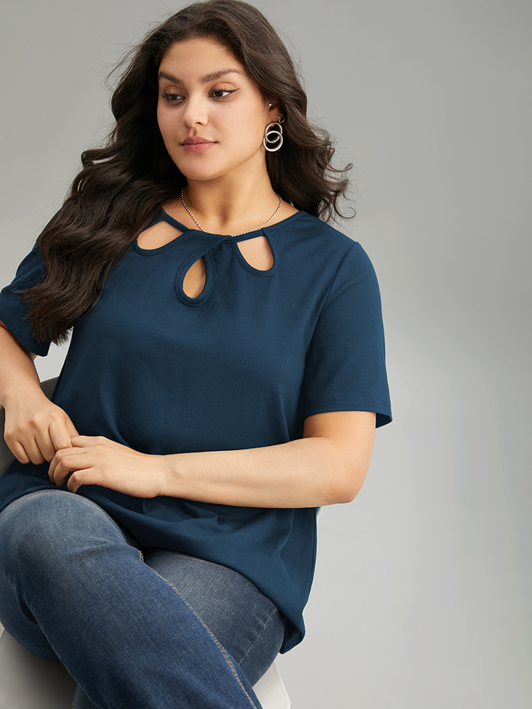 

Plus Size Solid Keyhole Cut Out T-shirt Indigo Women Elegant Plain Plain Keyhole Cut-Out Dailywear T-shirts BloomChic