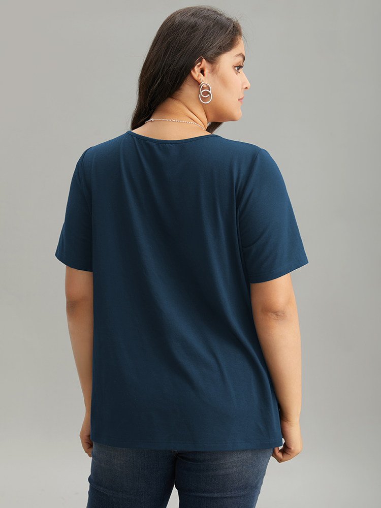 

Plus Size Solid Keyhole Cut Out T-shirt Indigo Women Elegant Plain Plain Keyhole Cut-Out Dailywear T-shirts BloomChic