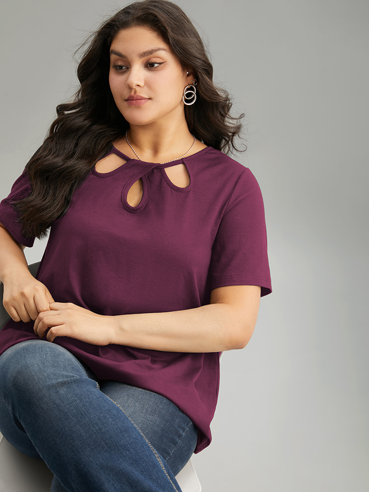 

Plus Size Solid Keyhole Cut Out T-shirt RedViolet Women Elegant Plain Plain Keyhole Cut-Out Dailywear T-shirts BloomChic