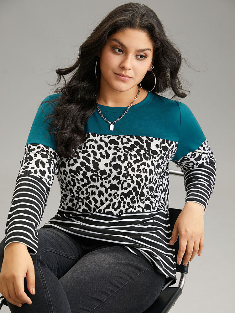 Plus Size Women Dailywear Leopard Contrast Regular Sleeve Long Sleeve Round Neck Casual T-shirts BloomChic 