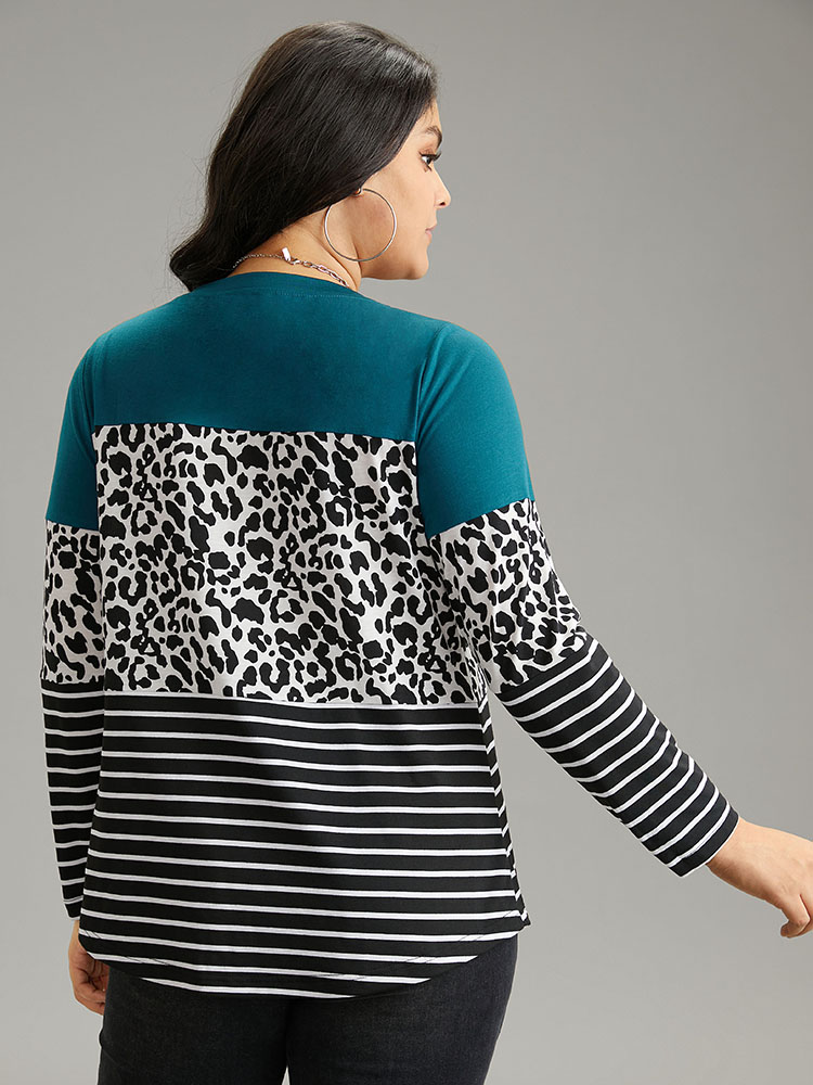 Plus Size Women Dailywear Leopard Contrast Regular Sleeve Long Sleeve Round Neck Casual T-shirts BloomChic 