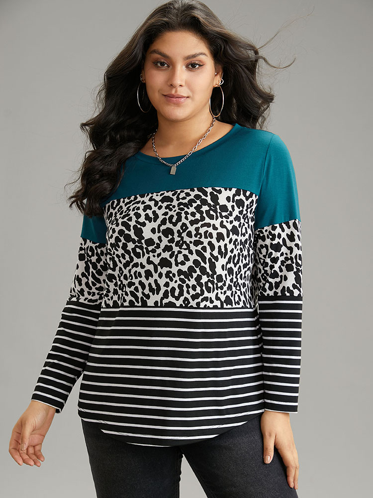 Plus Size Women Dailywear Leopard Contrast Regular Sleeve Long Sleeve Round Neck Casual T-shirts BloomChic 