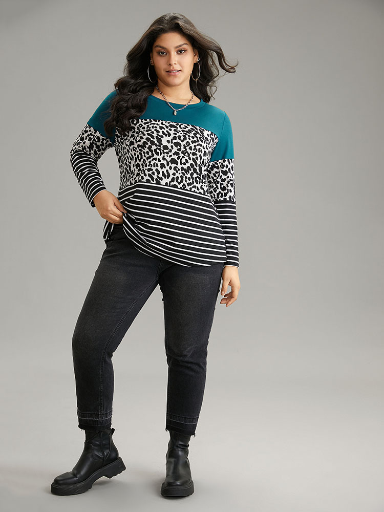 

Plus Size Striped Leopard Patchwork Contrast Round Neck T-shirt Multicolor Women Casual Contrast Leopard Round Neck Dailywear T-shirts BloomChic
