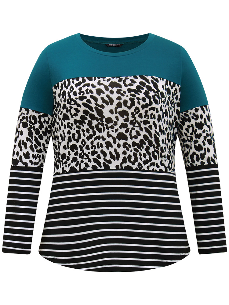 Plus Size Women Dailywear Leopard Contrast Regular Sleeve Long Sleeve Round Neck Casual T-shirts BloomChic 