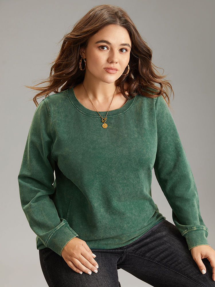 Plus Size Solid Vintage Round Neck Sweatshirt Women Cyan Casual Plain Round Neck Dailywear Sweatshirts BloomChic 22-24/3X 