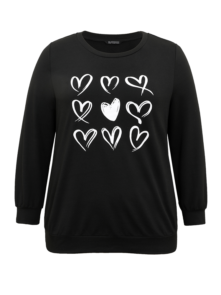 Plus Size Heart Print Round Neck Sweatshirt Women Black Casual Printed Dailywear Sweatshirts BloomChic 28/5X 