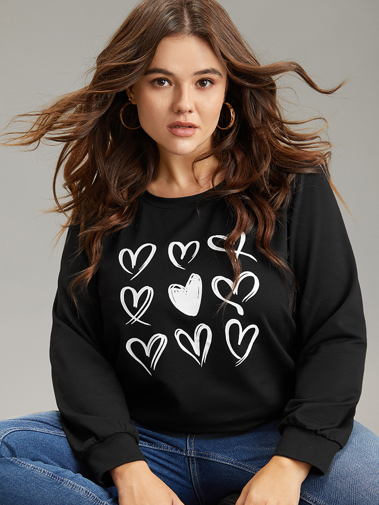 Plus Size Heart Print Round Neck Sweatshirt Women Black Casual Printed Dailywear Sweatshirts BloomChic 28/5X 