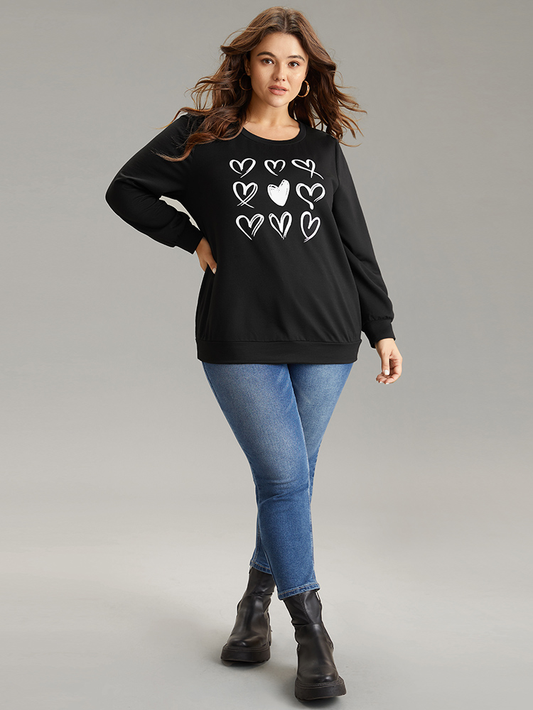 Plus Size Heart Print Round Neck Sweatshirt Women Black Casual Printed Dailywear Sweatshirts BloomChic 28/5X 