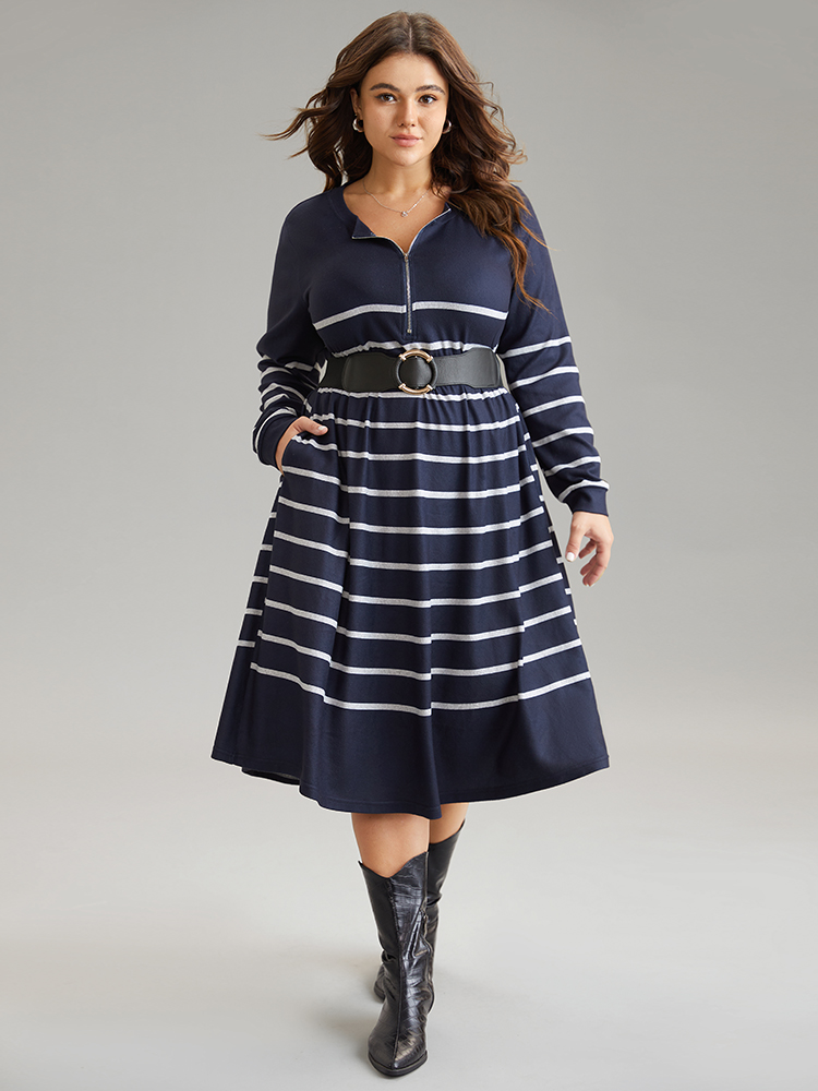 Plus Size Striped Elastic Waist Pocket Zipper Dress DarkBlue Women Casual Printed Round Neck Long Sleeve Curvy Midi Dress BloomChic 26/4X 