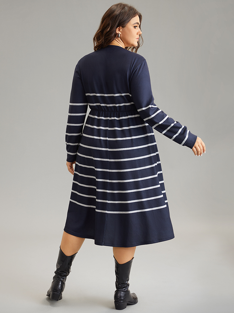 

Plus Size Striped Elastic Waist Pocket Zipper Dress DarkBlue Women Casual Printed Round Neck Long Sleeve Curvy Midi Dress BloomChic