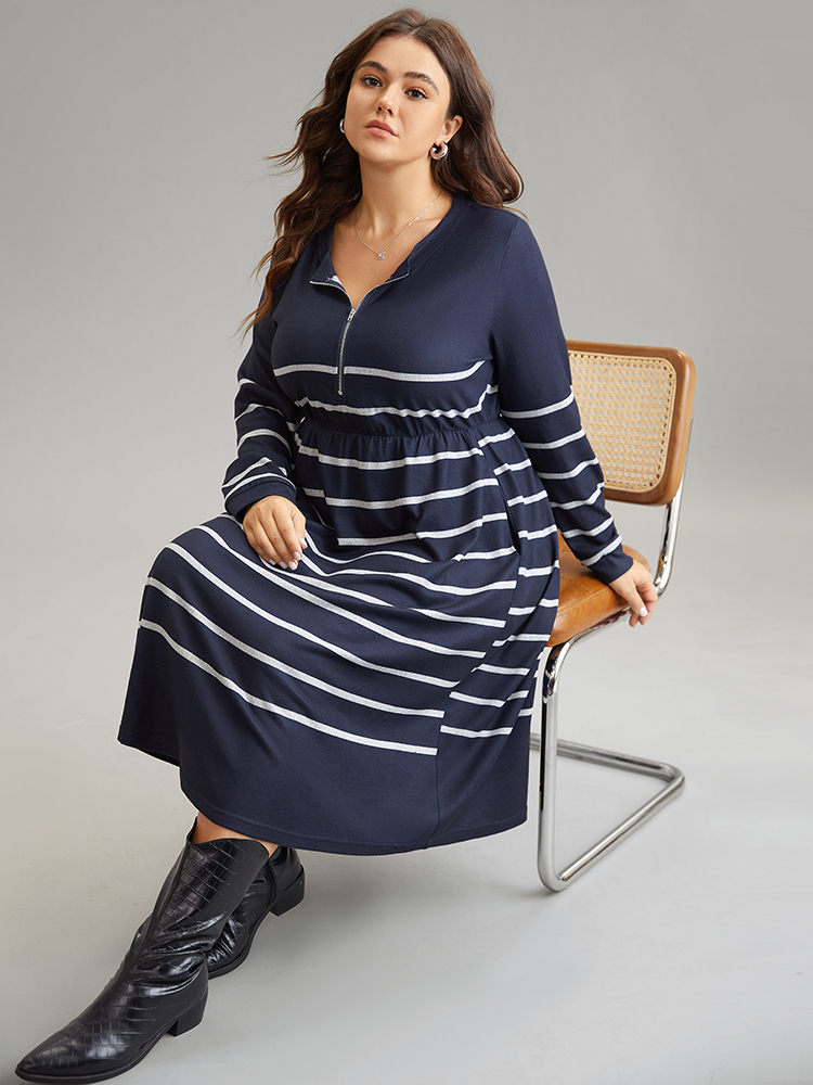 Plus Size Striped Elastic Waist Pocket Zipper Dress DarkBlue Women Casual Printed Round Neck Long Sleeve Curvy Midi Dress BloomChic 26/4X 