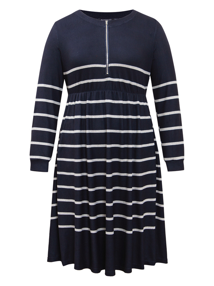 Plus Size Striped Elastic Waist Pocket Zipper Dress DarkBlue Women Casual Printed Round Neck Long Sleeve Curvy Midi Dress BloomChic 26/4X 