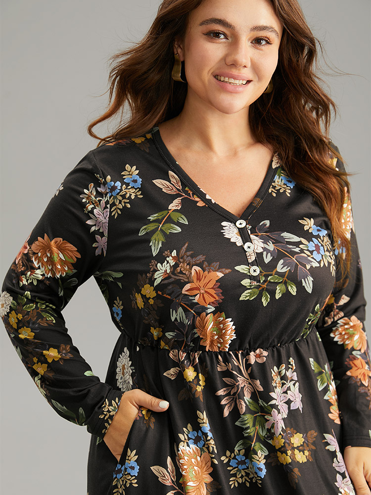 Plus Size Women Dailywear Floral Printed Regular Sleeve Long Sleeve V-neck Pocket Elegant Dresses BloomChic 