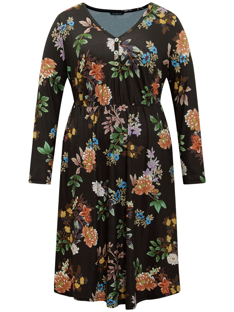 Plus Size Women Dailywear Floral Printed Regular Sleeve Long Sleeve V-neck Pocket Elegant Dresses BloomChic 