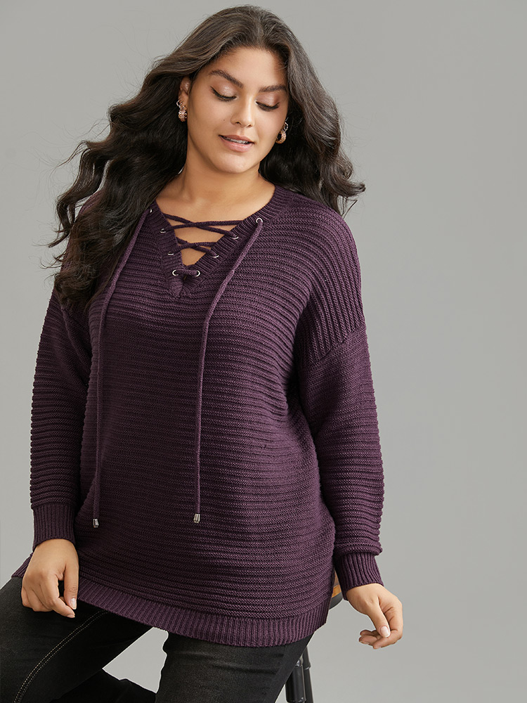

Plus Size Lace Up Plain Plisse Pullover Purple Women Casual Loose Long Sleeve V-neck Dailywear Pullovers BloomChic
