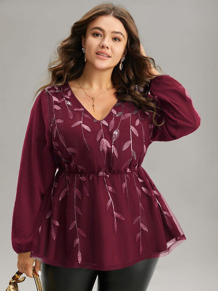 

Plus Size Scarlet Leaves Embroidered Sequin Tiered Mesh Blouse Women Glamour Long Sleeve V-neck Party Blouses BloomChic