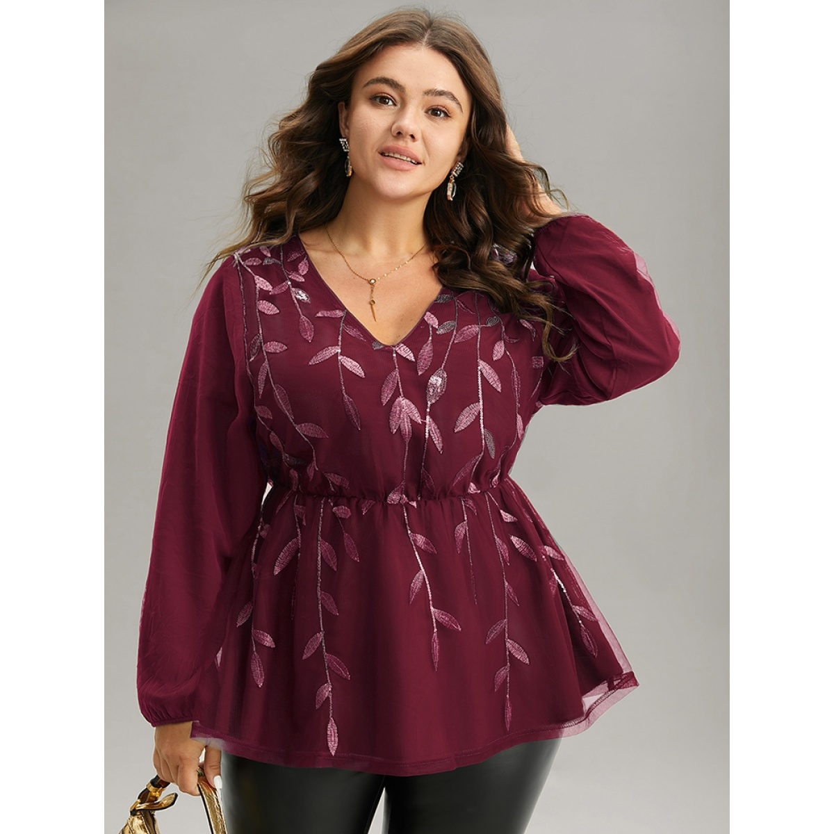 

Plus Size Scarlet Leaves Embroidered Sequin Tiered Mesh Blouse Women Glamour Long Sleeve V-neck Party Blouses BloomChic