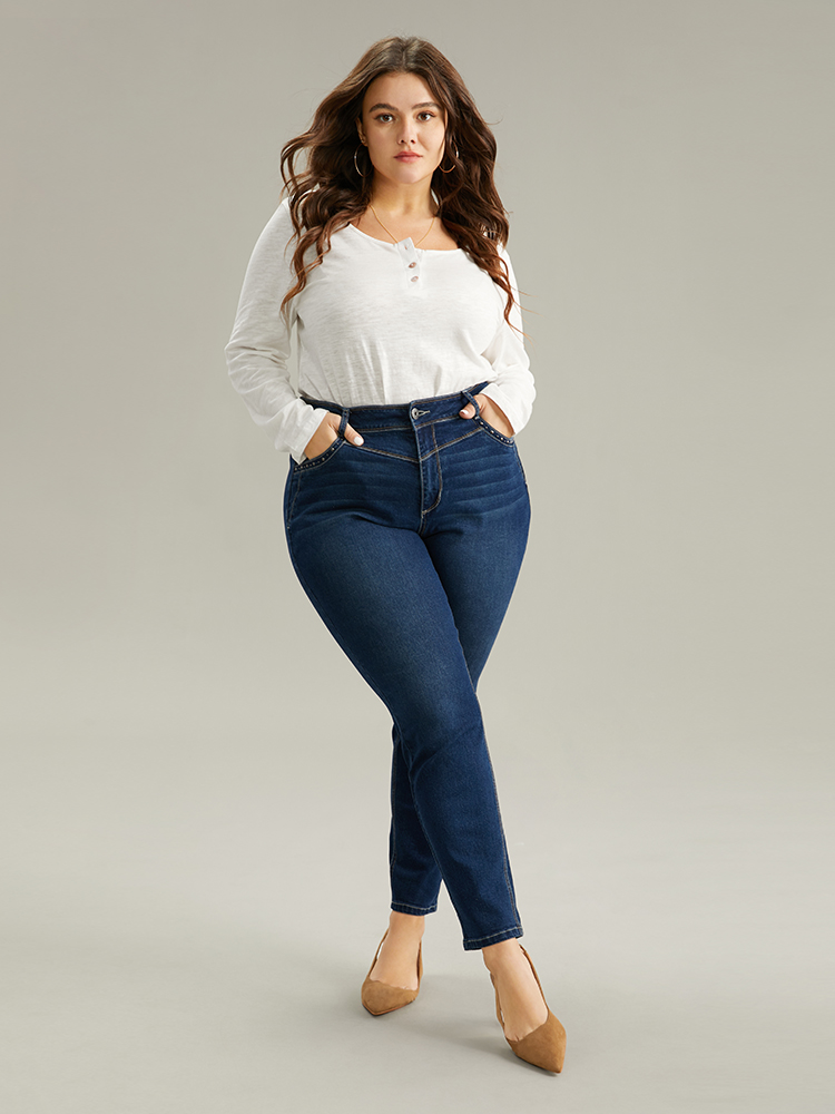 Plus Size Women Dailywear Beaded High stretch Regular Dark Wash Casual Jeans BloomChic 