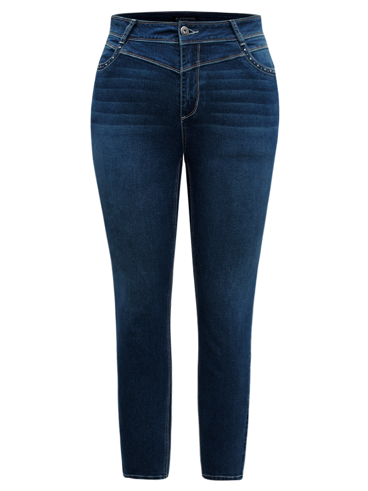 Plus Size Women Dailywear Beaded High stretch Regular Dark Wash Casual Jeans BloomChic 