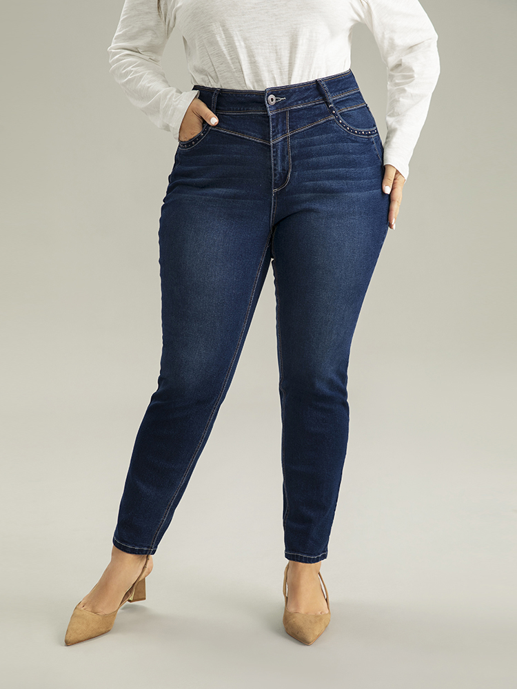 

Plus Size Beaded Detail Pocket Full Length Jeans Women Indigo Casual Plain Beaded High stretch Pocket Jeans BloomChic