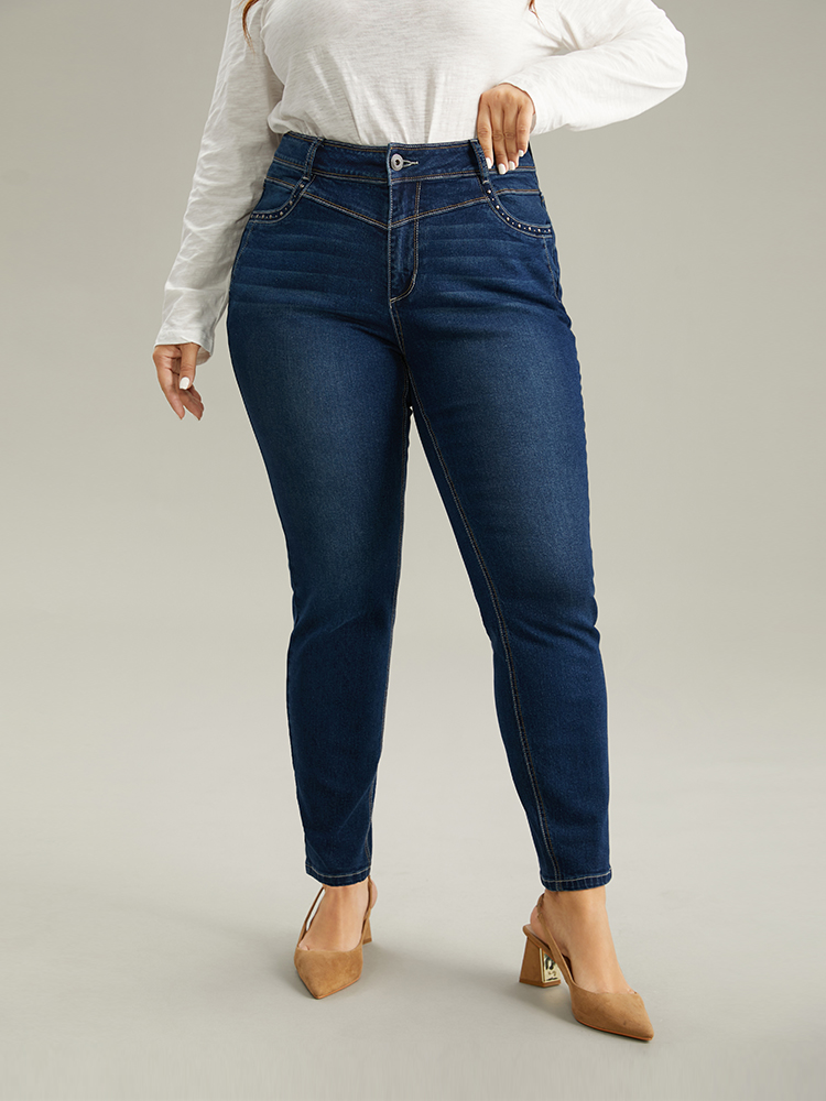 Plus Size Women Dailywear Beaded High stretch Regular Dark Wash Casual Jeans BloomChic 