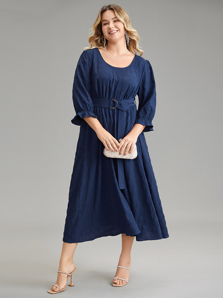 

Plus Size Plain Texture Belted Scoop Neck Jacquard Dress Indigo Women Office Texture Scoop Neck Long Sleeve Curvy Midi Dress BloomChic