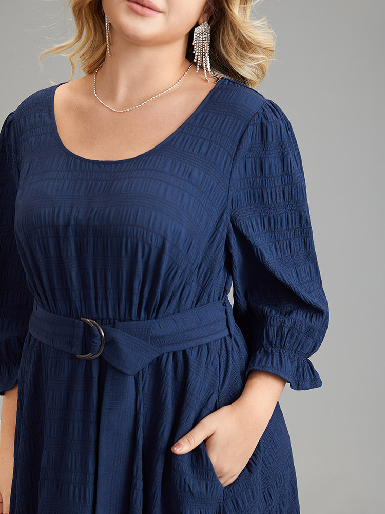 

Plus Size Plain Texture Belted Scoop Neck Jacquard Dress Indigo Women Office Texture Scoop Neck Long Sleeve Curvy Midi Dress BloomChic