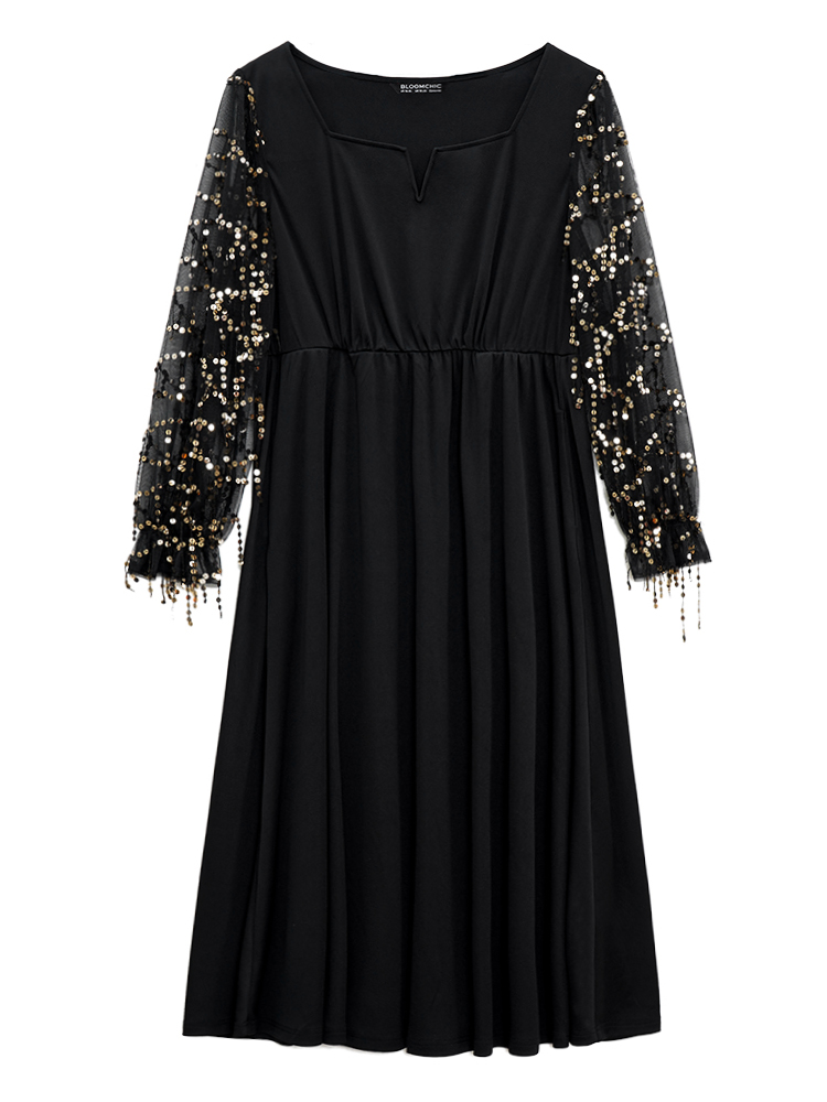 

Plus Size Notched Mesh Gathered Sequin Tassel Trim Dress Black Women Glamour Sequin Notched collar Long Sleeve Curvy Midi Dress BloomChic