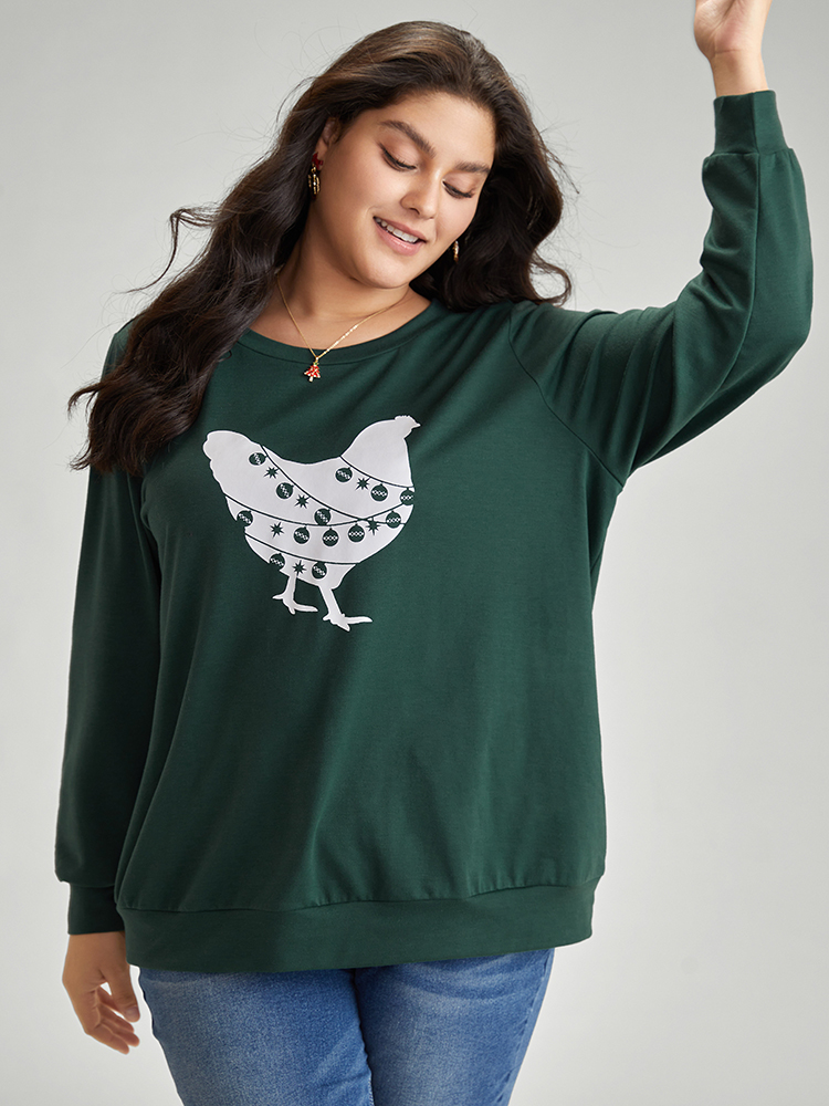 

Plus Size Christmas Animal Print Crew Neck Sweatshirt Women DarkGreen Casual Printed Festival-Christmas Sweatshirts BloomChic