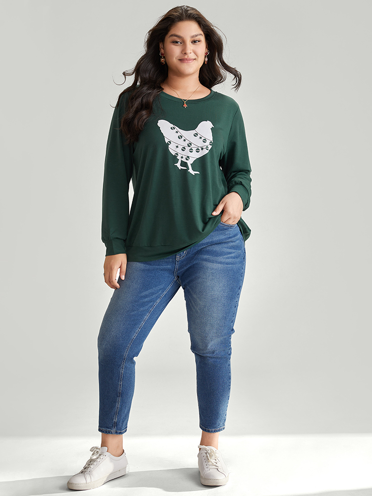 Plus Size Christmas Animal Print Crew Neck Sweatshirt Women DarkGreen Casual Printed Festival-Christmas Sweatshirts BloomChic 18-20/2X 