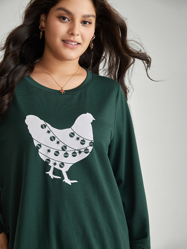 Plus Size Christmas Animal Print Crew Neck Sweatshirt Women DarkGreen Casual Printed Festival-Christmas Sweatshirts BloomChic 18-20/2X 