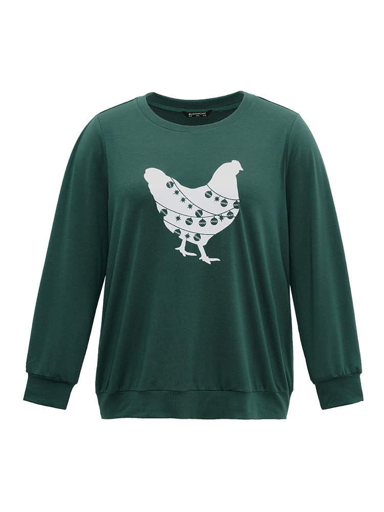 Plus Size Christmas Animal Print Crew Neck Sweatshirt Women DarkGreen Casual Printed Festival-Christmas Sweatshirts BloomChic 18-20/2X 