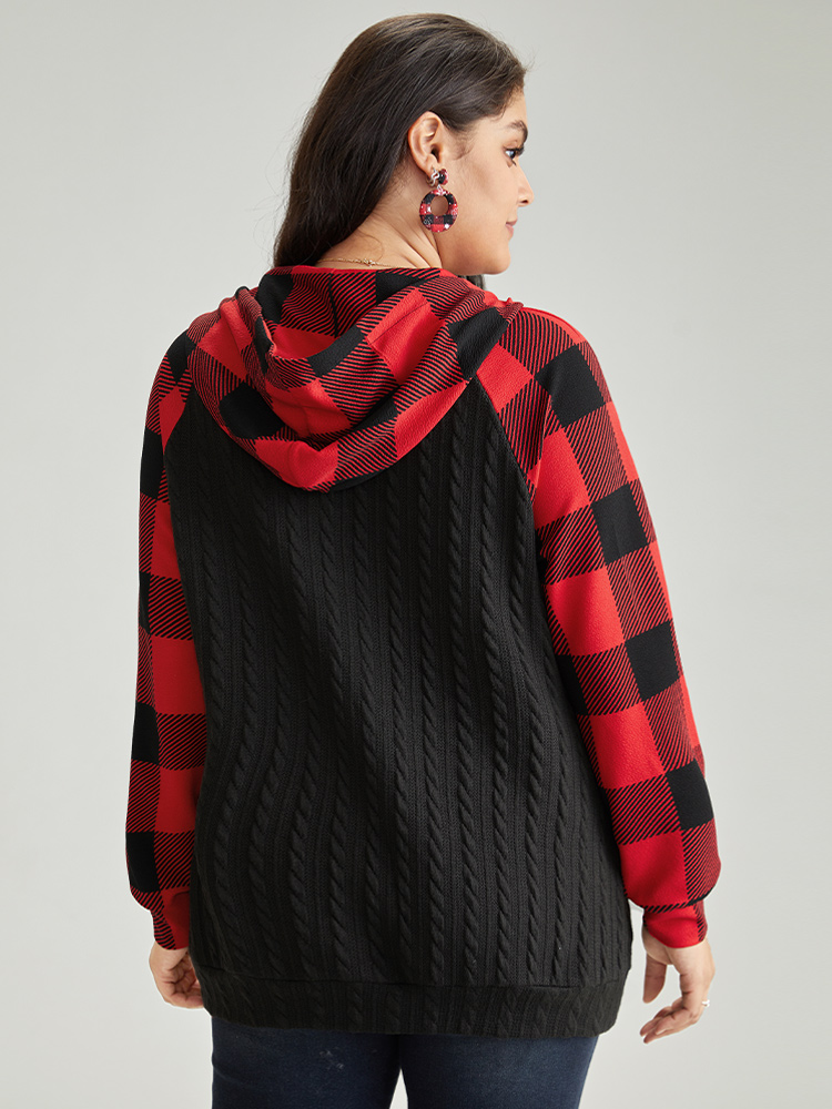 Plus Size Plaid Texture Contrast Hooded Raglan Sleeve Sweatshirt Women Black Casual Texture Hooded Festival-Christmas Sweatshirts BloomChic 28/5X 