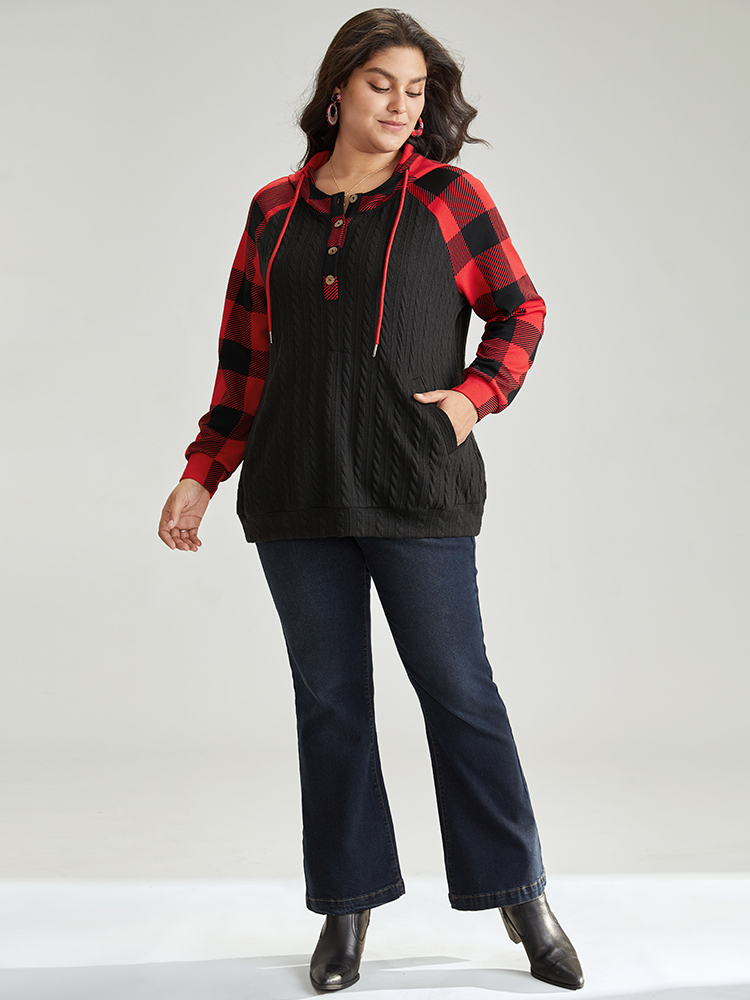 Plus Size Plaid Texture Contrast Hooded Raglan Sleeve Sweatshirt Women Black Casual Texture Hooded Festival-Christmas Sweatshirts BloomChic 28/5X 