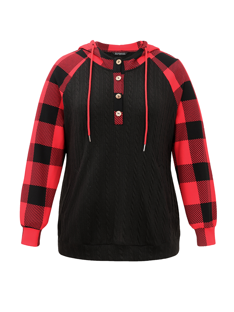 Plus Size Plaid Texture Contrast Hooded Raglan Sleeve Sweatshirt Women Black Casual Texture Hooded Festival-Christmas Sweatshirts BloomChic 28/5X 