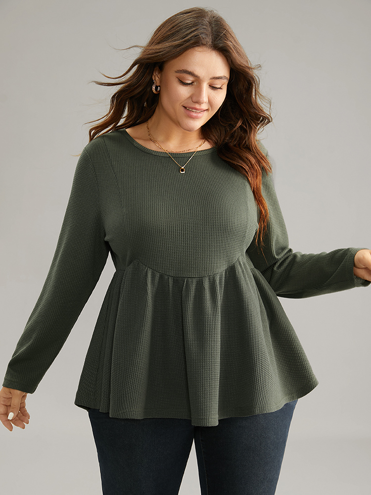 

Plus Size Plain Round Neck Waffle Knit Gathered T-shirt ArmyGreen Round Neck Long Sleeve Casual Jersey Tops