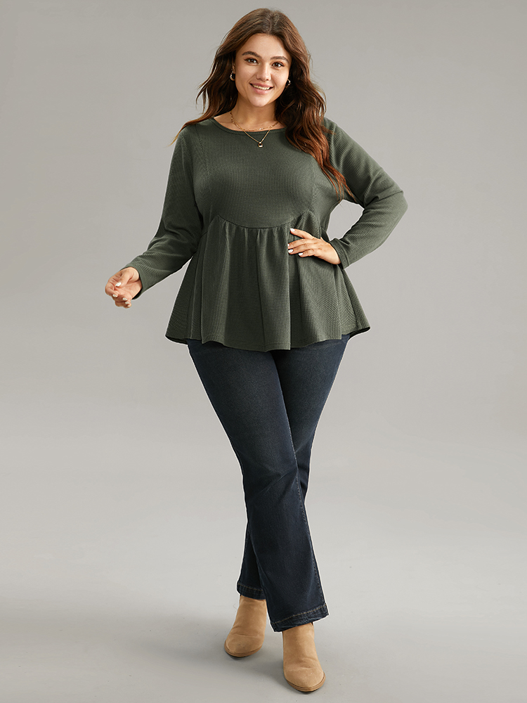 

Plus Size Plain Round Neck Waffle Knit Gathered T-shirt ArmyGreen Round Neck Long Sleeve Casual Jersey Tops