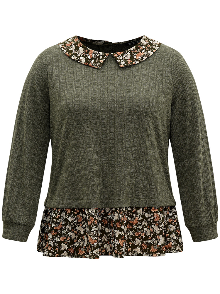 

Plus Size Ditsy Floral Patchwork Button Detail Lapel Collar T-shirt ArmyGreen Lapel Collar Long Sleeve Elegant Jersey Tops