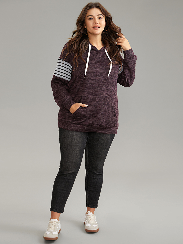 Plus Size Heather Striped Patchwork Pocket Hooded Sweatshirt Women Eggplant Casual Heather Hooded Dailywear Sweatshirts BloomChic 22-24/3X 