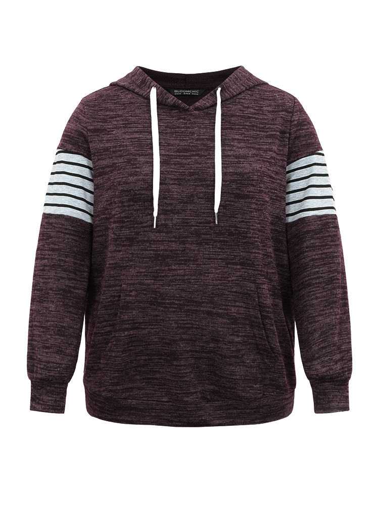 Plus Size Heather Striped Patchwork Pocket Hooded Sweatshirt Women Eggplant Casual Heather Hooded Dailywear Sweatshirts BloomChic 22-24/3X 